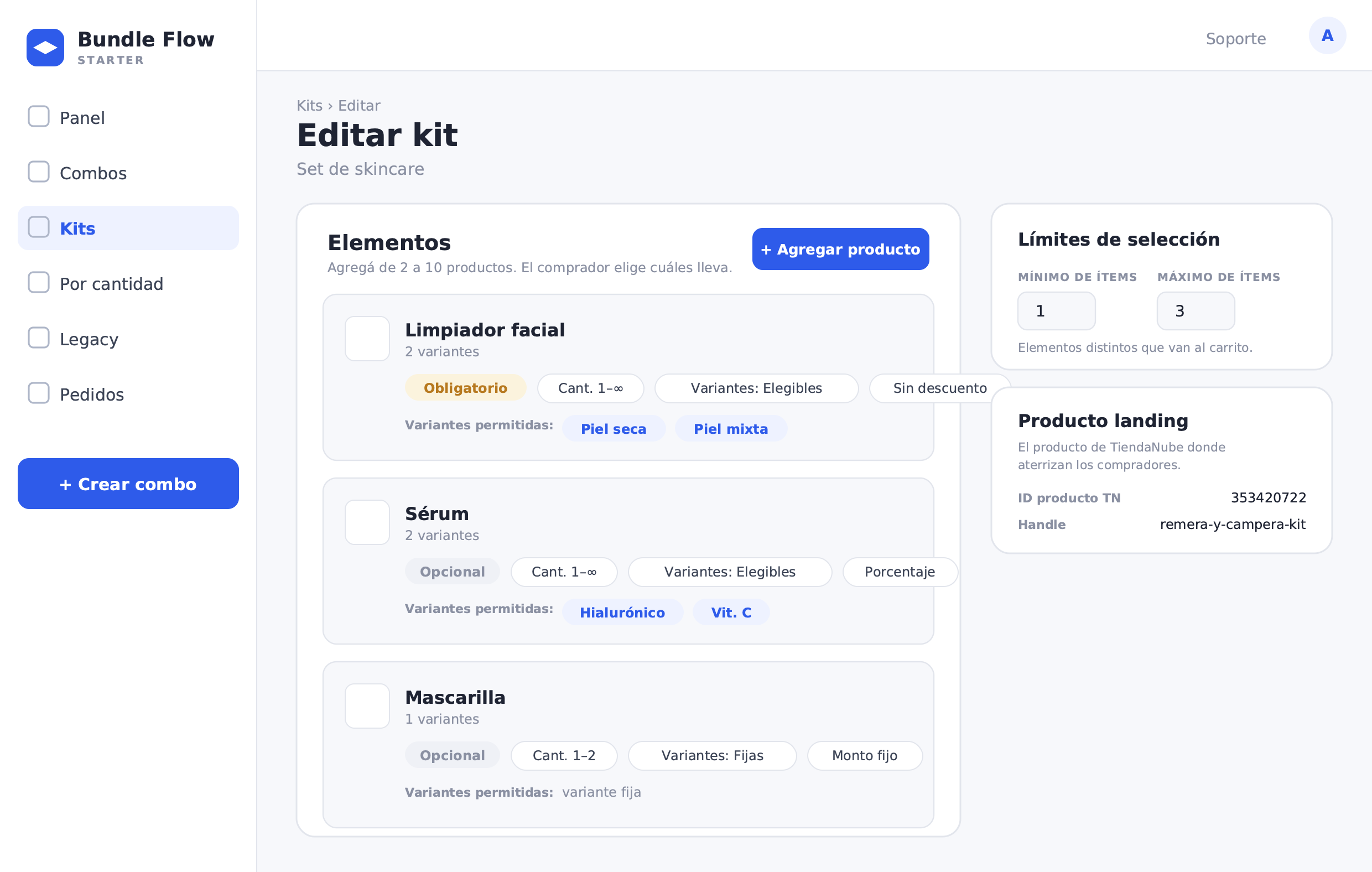 Bundle admin: skincare Kit with required base and optional extras, skin-type variants, and per-item discounts