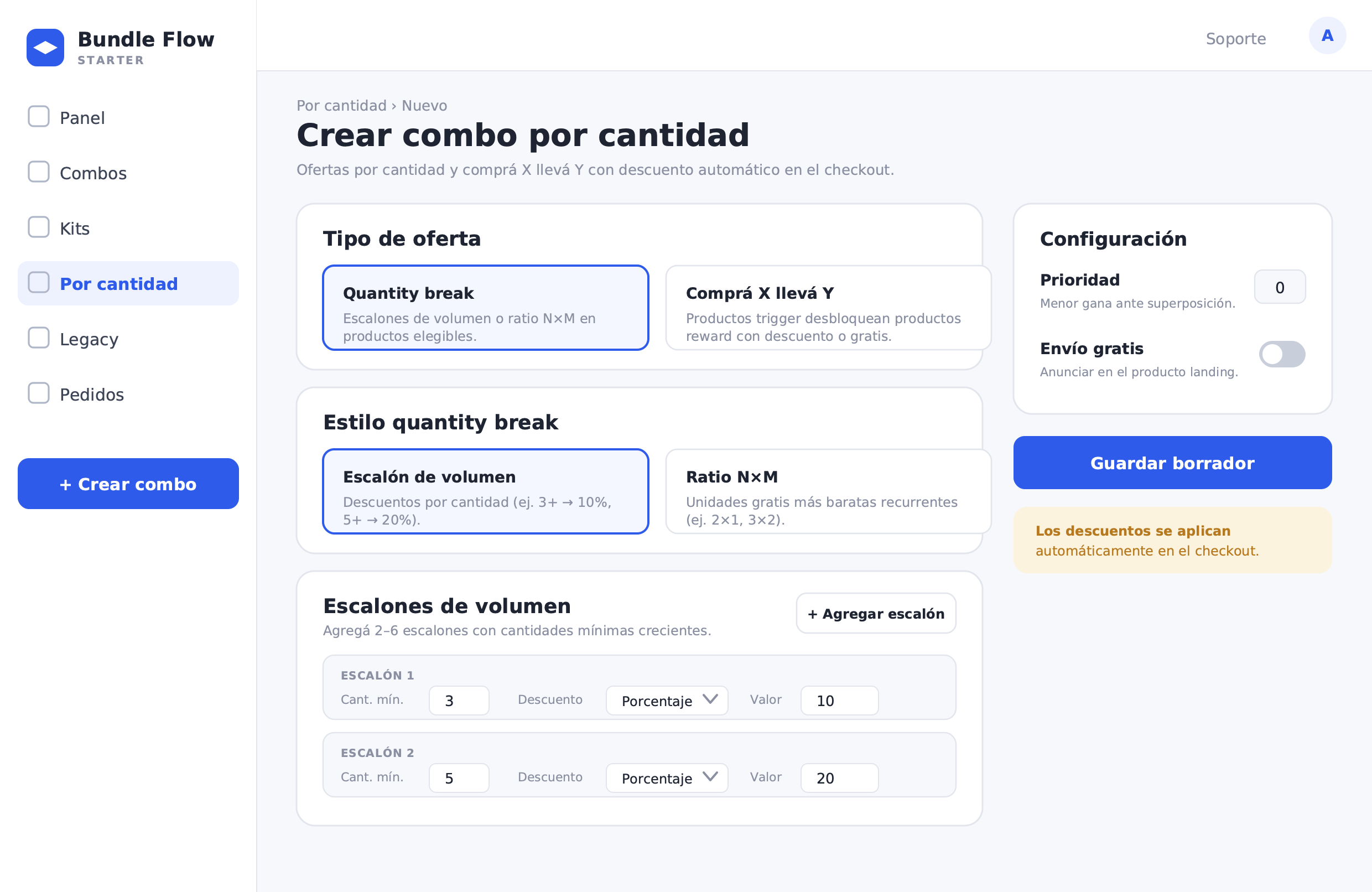 Bundle admin By quantity creation screen: offer type, eligible products, and discount tiers